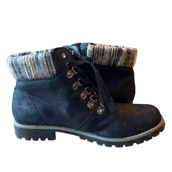 Joe Boxer Rhonda Hiking Combat Boots Size 11 Black Knit Cuff lace Up Lug Sole - Picture 2 of 10